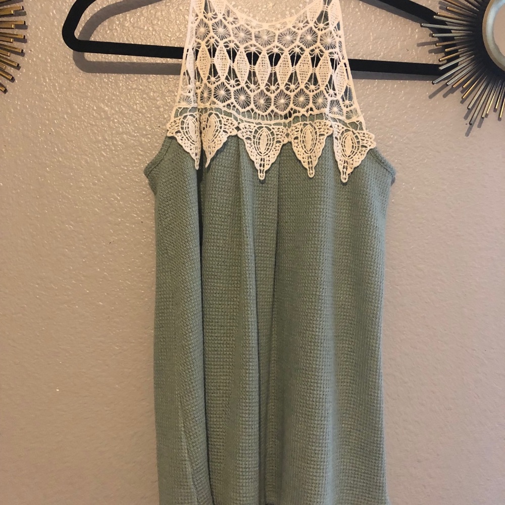 tie neck tank top Crochet detail cream &sage green